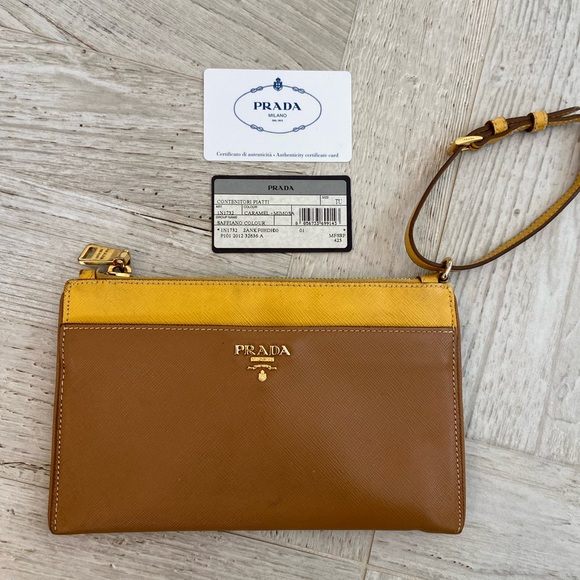 PRADA CARAMEL/MIMOSA LEATHER WRISTLET - Picture 1 of 9